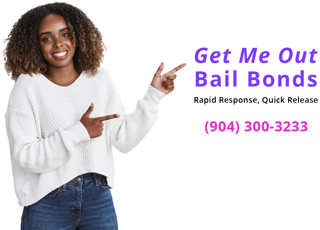 Attractive African-American girl pointing to sign: Get Me Out Bail Bonds, Rapid Response, Quick Release 